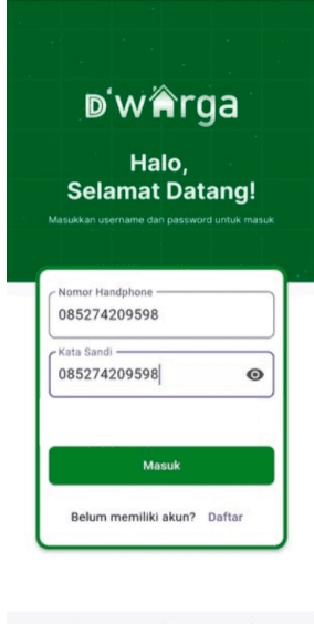Layar login aplikasi resident D'Warga.