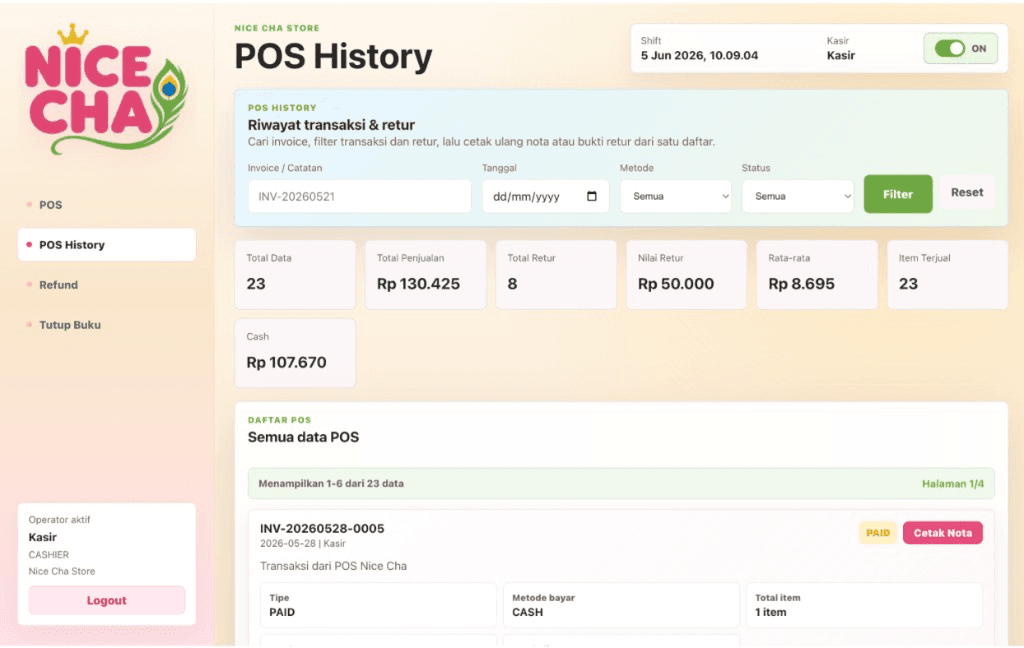 Tampilan POS History Nice Cha — riwayat transaksi, filter invoice, dan ringkasan penjualan.